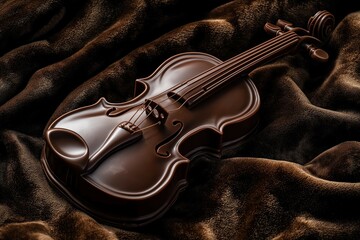 Obraz premium A sculpted chocolate violin, designed with smooth curves and fine detailing, sitting on a plush velvet background, the soft lighting reflecting off the glossy chocolate surface