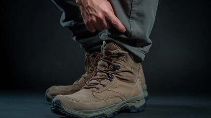 A person is focused on adjusting the cuff of their pants over sturdy brown hiking boots in a dimly lit space. The setting emphasizes preparation for outdoor adventures.