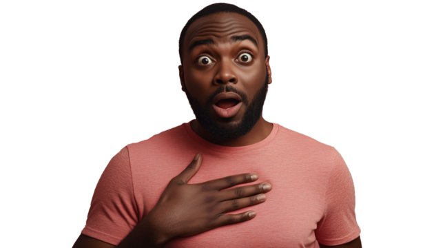 A man in a pink shirt shows a surprised expression with wide eyes and an open mouth. His hand rests on his chest, conveying a strong emotional response. transparent background