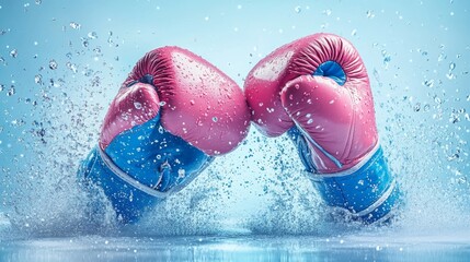 Colorful boxing gloves collide in water.