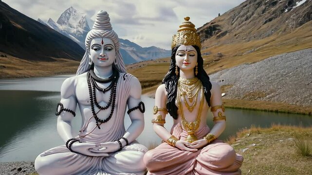 Serene statues of Shiva and Parvati by a tranquil lake surrounded by mountains in the stunning landscape of the Himalayas
