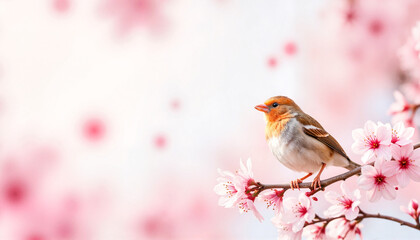 Bird perched on cherry blossom branch, serene spring beauty