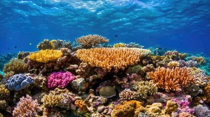 Obraz premium Vibrant coral reef teeming with life underwater. Ocean scene for travel brochures