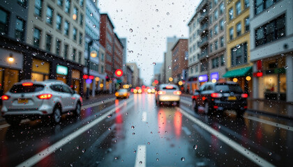 Obraz premium Rain droplets on window showcasing busy city street, urban atmosphere