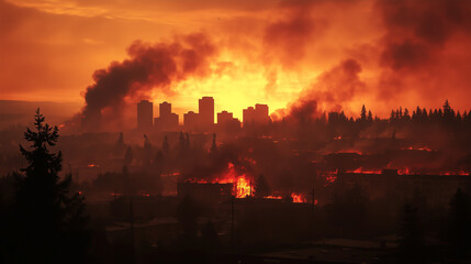 Obraz premium A wildfire spreads across the city outskirts as towering flames rise against a vivid orange and smoky sky. Darkness looms as buildings silhouette against the fiery backdrop.