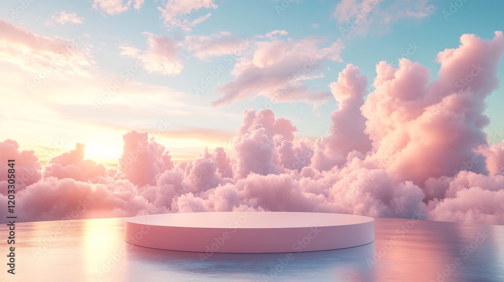 Poster pink 3d podium floating among soft clouds in a serene sky designed for product presentation the stan