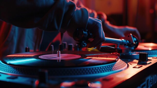 DJ seamlessly mixing tracks on a stateoftheart digital turntable, orchestrating the perfect soundtrack for the night  ,close-up