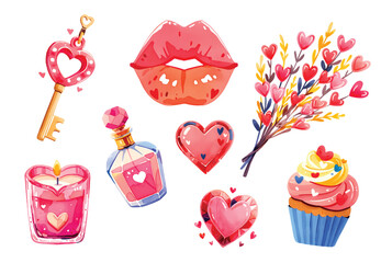 watercolor Valentine s Day party decoration vector set. Love. romantic holiday celebration elements cake, heart balloons, flower bouquet, gift, champagne bottle.