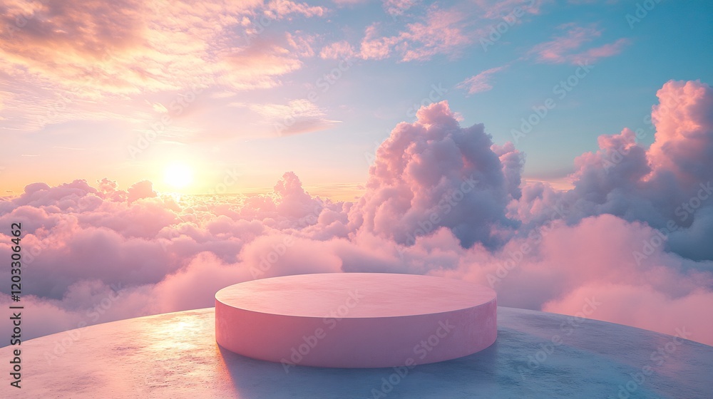 Poster pink 3d podium floating among soft clouds in a serene sky designed for product presentation the stan