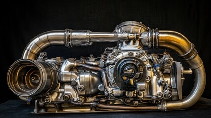 A turbo engine with intricate pipework on a textured charcoal black background