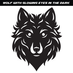 Black and White Wolf Head Drawing with Glowing Eyes on Dark Background
