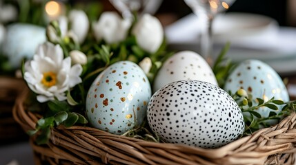 Obraz premium A basket with hand-painted floral eggs and greenery for Easter.