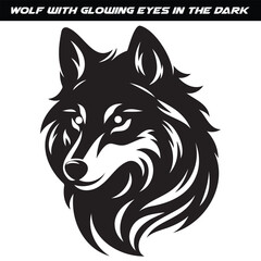 Black and White Wolf Head Drawing with Glowing Eyes on Dark Background