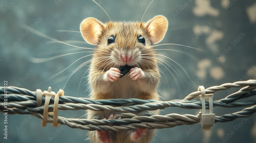 Poster playful scene of a mouse munching on tangled electrical wires set against a sleek gray minimalistic 