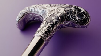 Obraz premium A walking stick with a floral-engraved handle resting on a lavender-colored background