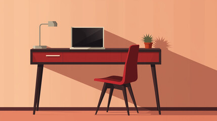 A cozy home office setup with a red desk, a laptop, a desk lamp, and a small plant, creating a comfortable and modern workspace