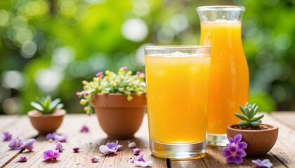 Fototapeta premium Vibrant orange juice on garden table with flowers, refreshing delight
