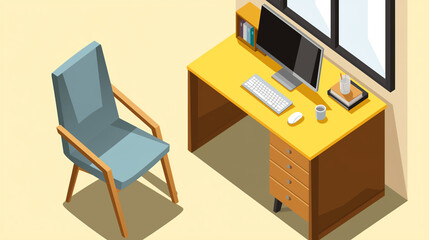 A cozy office corner with a yellow desk, computer setup, and a comfortable blue chair, ideal for a productive workday