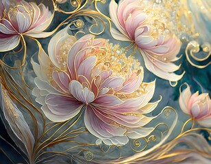 Delicate artistic flowers in soft colors with leaves and details. Generative AI
