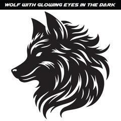 Black and White Wolf Head Drawing with Glowing Eyes on Dark Background