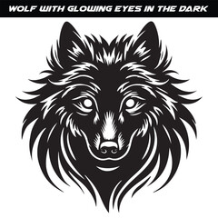 Black and White Wolf Head Drawing with Glowing Eyes on Dark Background
