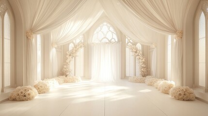 A white archway draped with silk ribbons and roses for a wedding ceremony