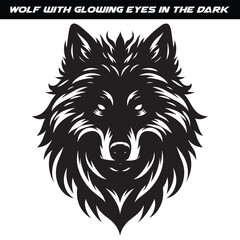 Fototapeta premium Black and White Wolf Head Drawing with Glowing Eyes on Dark Background