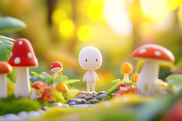 An animated white girl standing on her own path, surrounded by colorful mushrooms and plants, designed as a 2D hand-drawn cartoon with a simple black outline