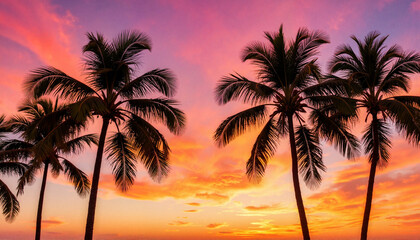 Fototapeta premium Silhouetted palm trees swaying at sunset, tropical tranquility