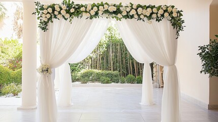 A white archway draped with silk ribbons and roses for a wedding ceremony