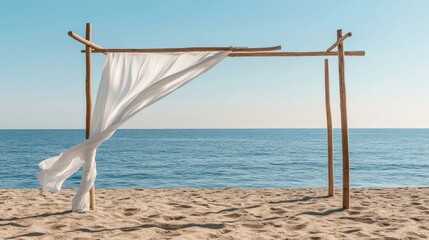 A wooden archway on a secluded beach with flowing white fabric decorations