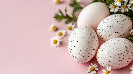 Obraz premium Easter eggs decorated with spring flowers on a pink background.
