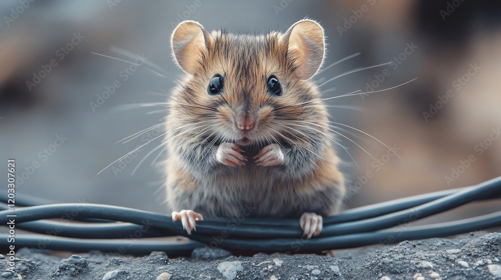 Poster playful scene of a mouse munching on tangled electrical wires set against a sleek gray minimalistic 