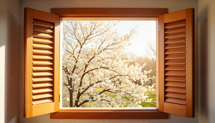 Spring breeze flowing through open wooden shutters, nature's beauty