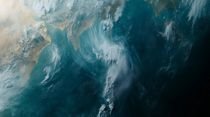 Fototapeta premium The image captures a stunning view of Earth from space, highlighting the Indian Ocean's vibrant waters and the landmass of South Asia during daytime. Various cloud formations are visible.