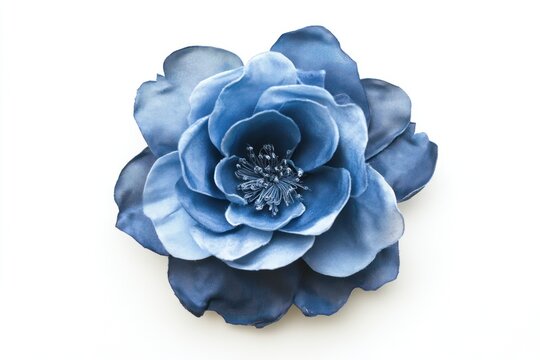 Blue fabric flower, overhead studio shot, white background, craft decoration