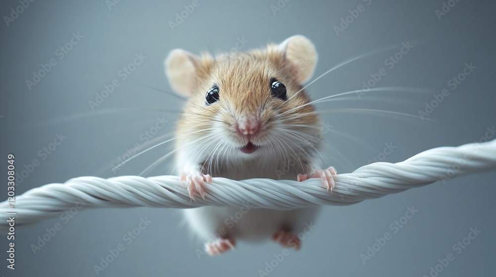 Poster playful scene of a mouse munching on tangled electrical wires set against a sleek gray minimalistic 