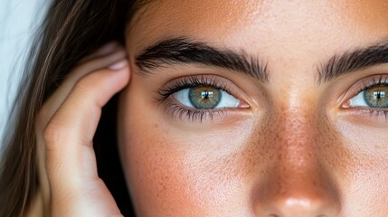 Close-up portrait highlighting a womans striking green eyes, freckles, and strong brows.
