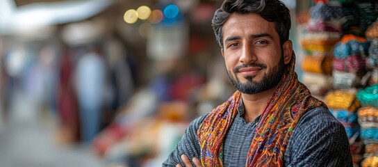 Obraz premium Young man smiles at market, colorful fabrics blur background. Possible use travel, culture