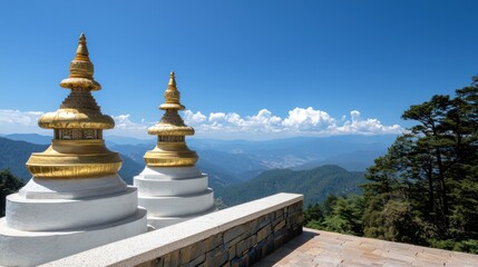 Golden Stupas and Mountain View