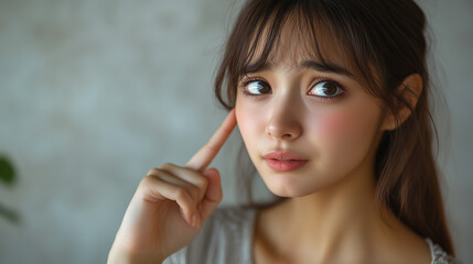 Fototapeta premium A young Asian woman is deep in thought, lightly touching her temple with her finger as if in pain. Natural light illuminates her calm face, creating a relaxed atmosphere in the room.