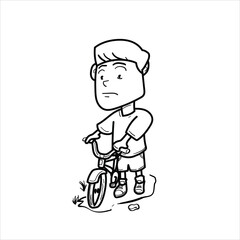 illustration of a young man leading a bicycle, black and white style, vector cartoon format, good for teaching materials for coloring children's clothing and others