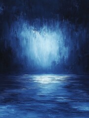 A serene blue landscape reflecting calm waters.