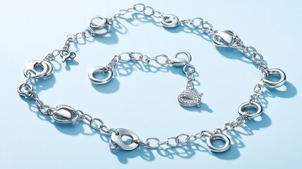Silver bracelets with charm pendants arranged on a light blue gradient background