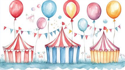 This image is a watercolor illustration of three circus tents with red and white stripes, surrounded by colorful balloons and a string of flags