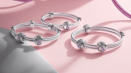 Silver bracelets with crystal accents resting on a pale pink and gray gradient background