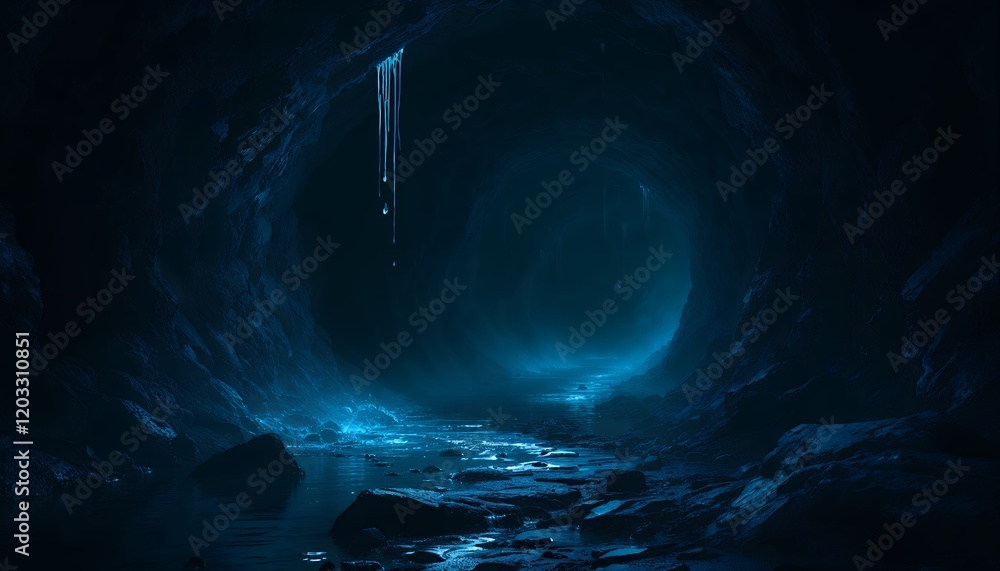 Poster a journey through a glowing blue cave: an abstract digital painting of a mystical subterranean world