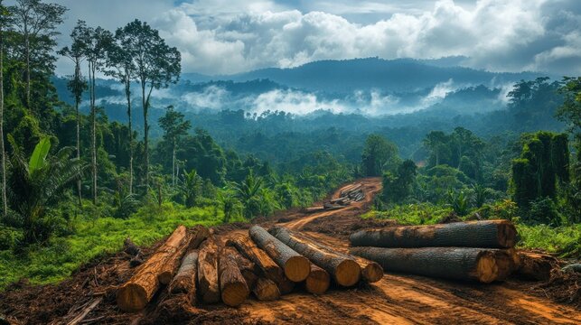 An aerial view of a forest area with freshly cut logs scattered, highlighting the issue of illegal logging and environmental degradation