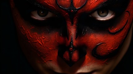 A close up of a devilish sinister face with intense dark makeup menacing features and a haunting supernatural atmosphere  The striking 16 9 image has a bold dramatic and captivating aesthetic