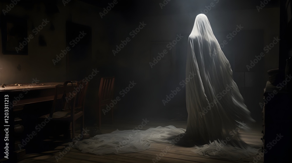 Poster mysterious ghostly apparition appearing in the corner of a dimly lit moody and atmospheric room with